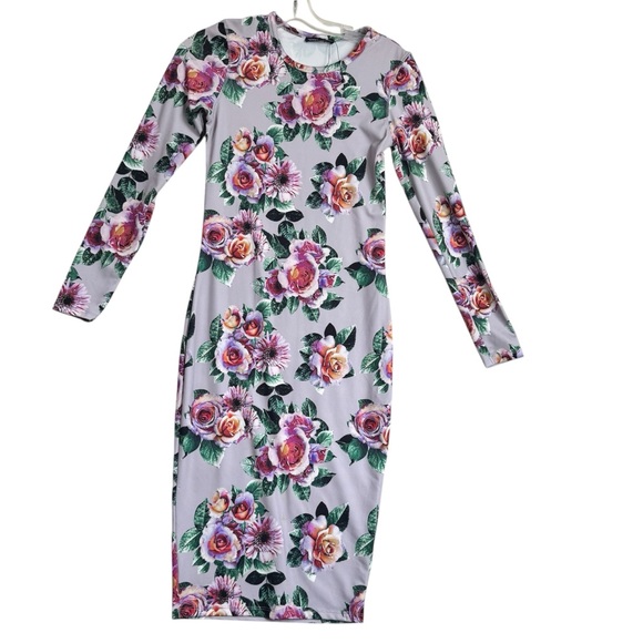 Zara NEW Floral Stretch Pencil Bodycon Fitted Midi Dress Boho Crew Long Sleeve M - Picture 2 of 16